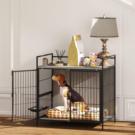 Dog Crate Furniture with Rotating Bowl Holder, 2 Bowls, 2 Doors, for Medium Dogs, 80 x 56 x 76.5 cm, Grey