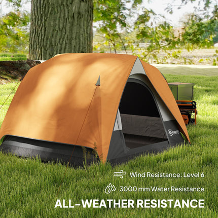 Waterproof Easy Set Up Camping Tent for 3-4 People - Orange and Grey
