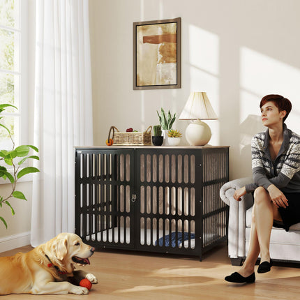 Extra Large Dog Crate Furniture with Anti-Chew Mesh & Anti-Escape Door, 118x80x92 cm - Walnut Brown