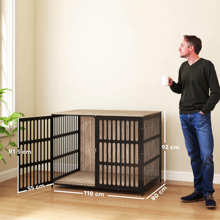 Extra Large Dog Crate Furniture with Anti-Chew Mesh & Anti-Escape Door, 118x80x92 cm - Walnut Brown