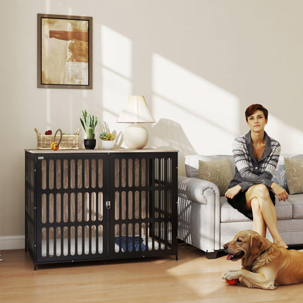 Extra Large Dog Crate Furniture with Anti-Chew Mesh & Anti-Escape Door, 118x80x92 cm - Walnut Brown