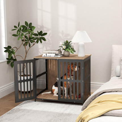 Medium Dog Crate Furniture with Anti-Chew Mesh & Anti-Escape Door, 80x55x72 cm - Walnut Brown