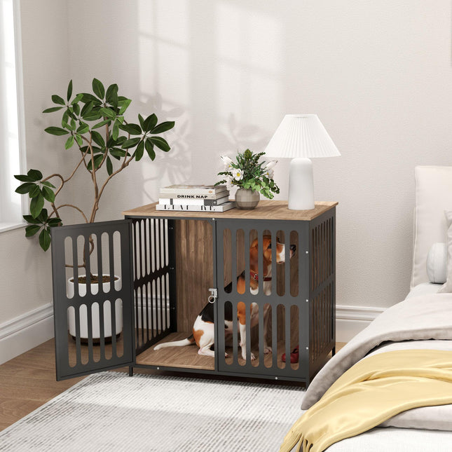 Medium Dog Crate Furniture with Anti-Chew Mesh & Anti-Escape Door, 80x55x72 cm - Walnut Brown