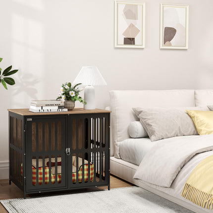 Medium Dog Crate Furniture with Anti-Chew Mesh & Anti-Escape Door, 80x55x72 cm - Walnut Brown