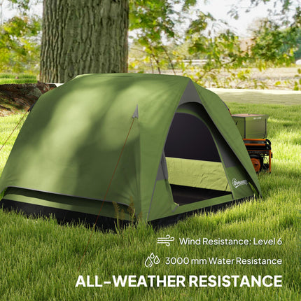 3-4 Person Waterproof Dome Camping Tent with Sewn-in Groundsheet, Mesh Windows, Pocket & Hook - Olive Green and Grey