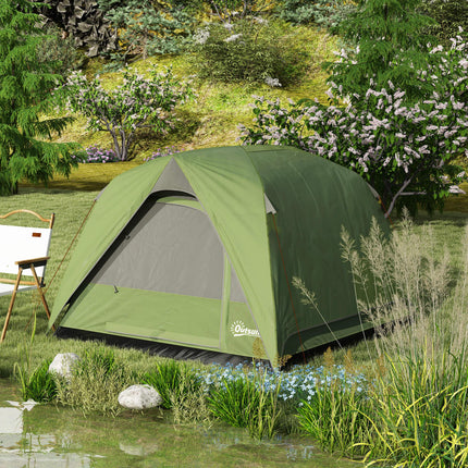3-4 Person Waterproof Dome Camping Tent with Sewn-in Groundsheet, Mesh Windows, Pocket & Hook - Olive Green and Grey