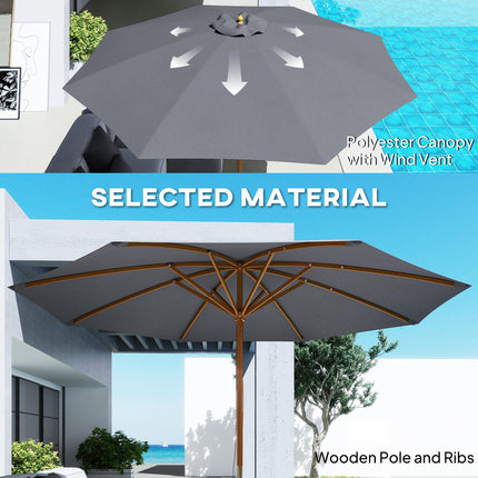 3m Wood Pole Parasol Umbrella - Grey