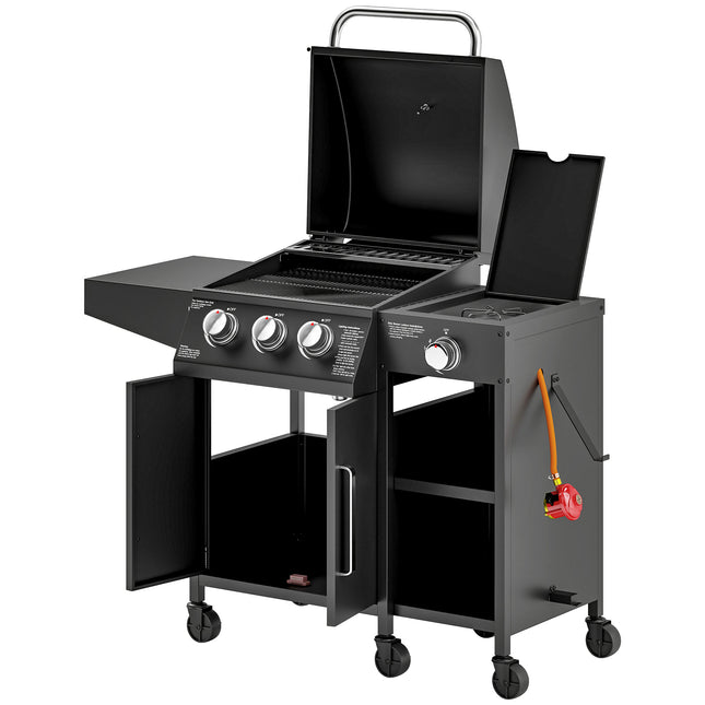 3 Burner Gas BBQ Grill with Side Burner and Storage Cabinet - Black