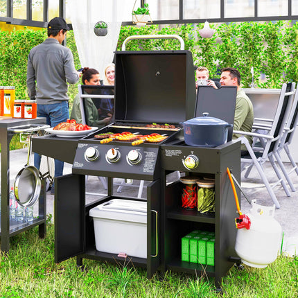 3 Burner Gas BBQ Grill with Side Burner and Storage Cabinet - Black