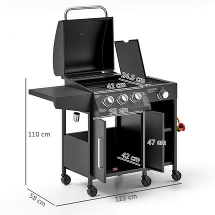 3 Burner Gas BBQ Grill with Side Burner and Storage Cabinet - Black