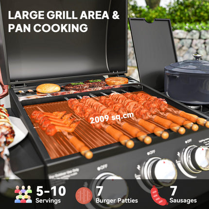 3 Burner Gas BBQ Grill with Side Burner and Storage Cabinet - Black