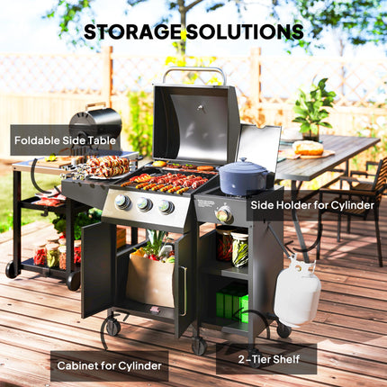 3 Burner Gas BBQ Grill with Side Burner and Storage Cabinet - Black
