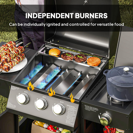 3 Burner Gas BBQ Grill with Side Burner and Storage Cabinet - Black