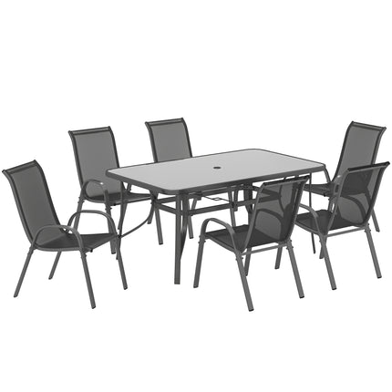 Seven-Piece Outdoor Dining Set with Tempered Glass Table and Six Chairs - Charcoal Grey