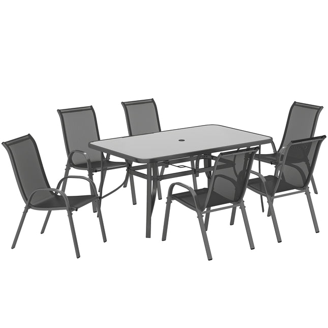 Seven-Piece Outdoor Dining Set with Tempered Glass Table and Six Chairs - Charcoal Grey
