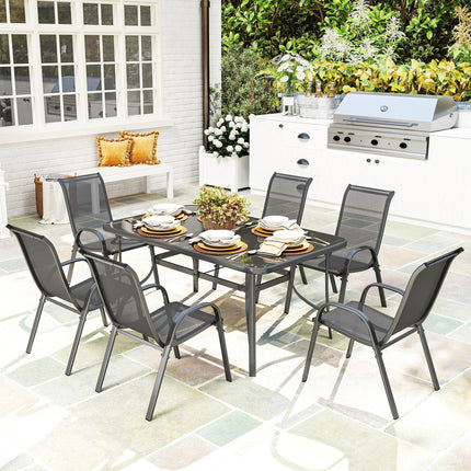 Seven-Piece Outdoor Dining Set with Tempered Glass Table and Six Chairs - Charcoal Grey