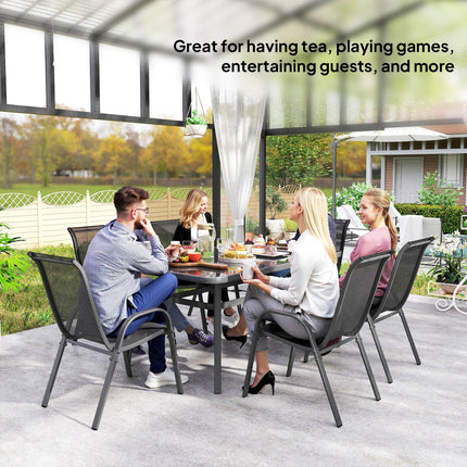 Seven-Piece Outdoor Dining Set with Tempered Glass Table and Six Chairs - Charcoal Grey
