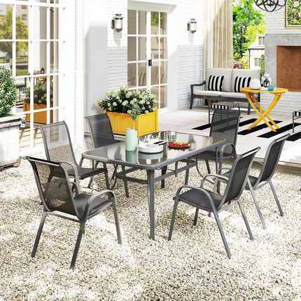 Seven-Piece Outdoor Dining Set with Tempered Glass Table and Six Chairs - Charcoal Grey