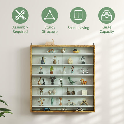 Six Shelf Wall-Mounted Display Cabinet with Glass Doors - Brown