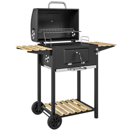 Portable Charcoal BBQ Grill with Adjustable Pan and Temperature Gauge - Black