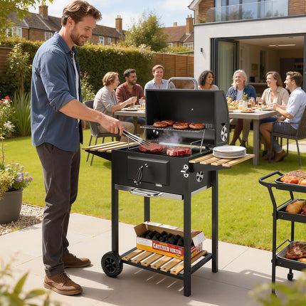 Portable Charcoal BBQ Grill with Adjustable Pan and Temperature Gauge - Black
