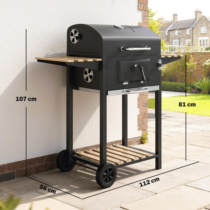 Portable Charcoal BBQ Grill with Adjustable Pan and Temperature Gauge - Black