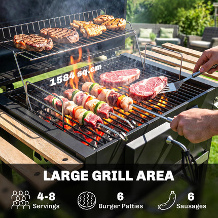 Portable Charcoal BBQ Grill with Adjustable Pan and Temperature Gauge - Black