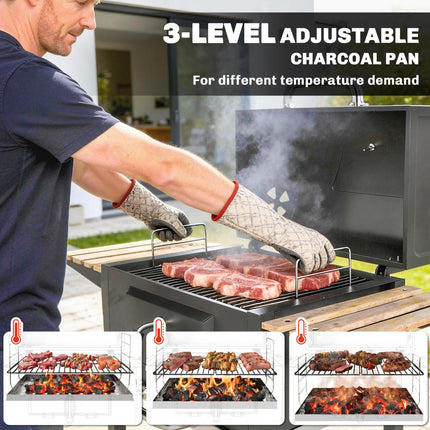 Portable Charcoal BBQ Grill with Adjustable Pan and Temperature Gauge - Black