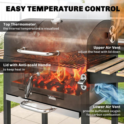 Portable Charcoal BBQ Grill with Adjustable Pan and Temperature Gauge - Black