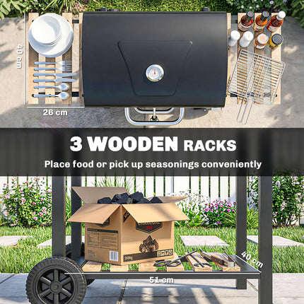 Portable Charcoal BBQ Grill with Adjustable Pan and Temperature Gauge - Black