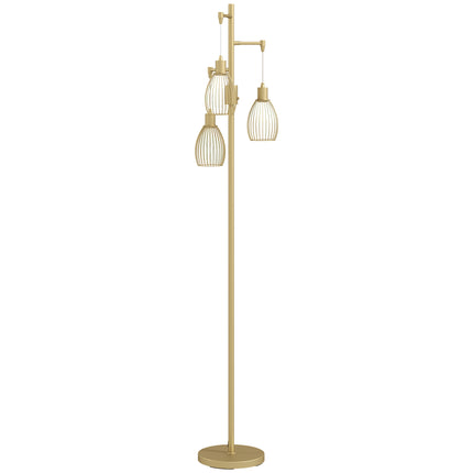 3-Light Floor Lamp, 170cm Industrial Dimmable Standing Lamp with Steel Wire Cage Lampshades for Living Room, Bedroom, Dining Room, Study, Bulb Not Included, Gold Tone