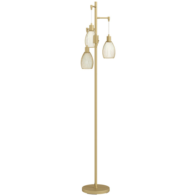 3-Light Floor Lamp, 170cm Industrial Dimmable Standing Lamp with Steel Wire Cage Lampshades for Living Room, Bedroom, Dining Room, Study, Bulb Not Included, Gold Tone