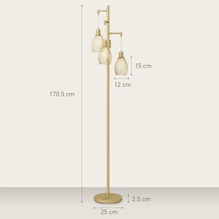 3-Light Floor Lamp, 170cm Industrial Dimmable Standing Lamp with Steel Wire Cage Lampshades for Living Room, Bedroom, Dining Room, Study, Bulb Not Included, Gold Tone