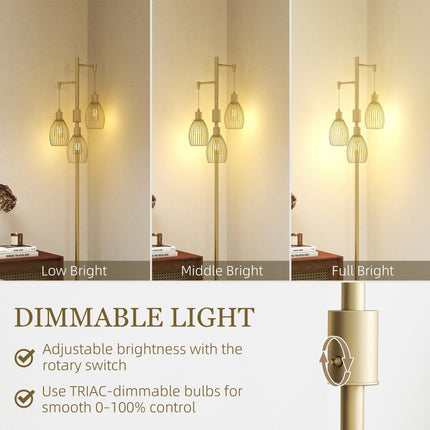 3-Light Floor Lamp, 170cm Industrial Dimmable Standing Lamp with Steel Wire Cage Lampshades for Living Room, Bedroom, Dining Room, Study, Bulb Not Included, Gold Tone