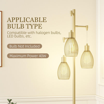 3-Light Floor Lamp, 170cm Industrial Dimmable Standing Lamp with Steel Wire Cage Lampshades for Living Room, Bedroom, Dining Room, Study, Bulb Not Included, Gold Tone