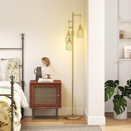 3-Light Floor Lamp, 170cm Industrial Dimmable Standing Lamp with Steel Wire Cage Lampshades for Living Room, Bedroom, Dining Room, Study, Bulb Not Included, Gold Tone