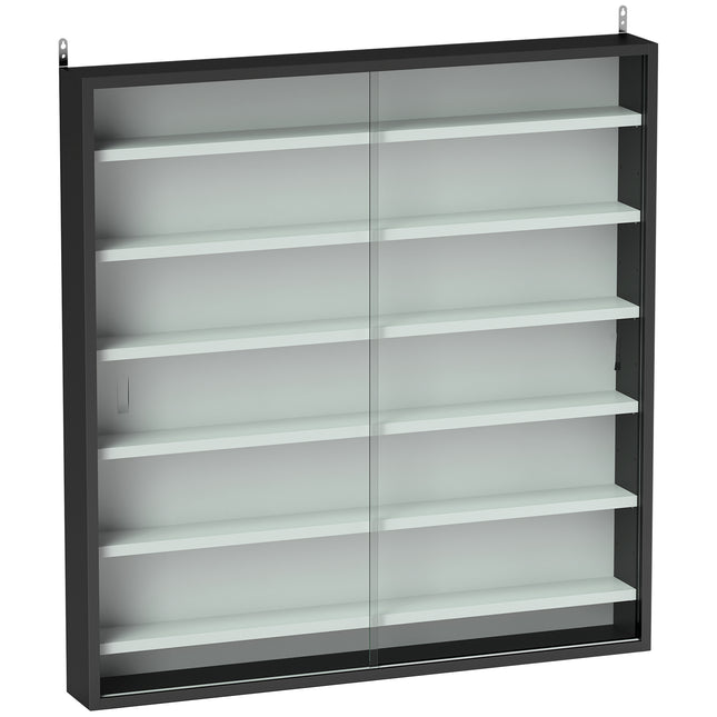 Six Shelf Wall-Mounted Display Cabinet with Glass Doors - Black and White