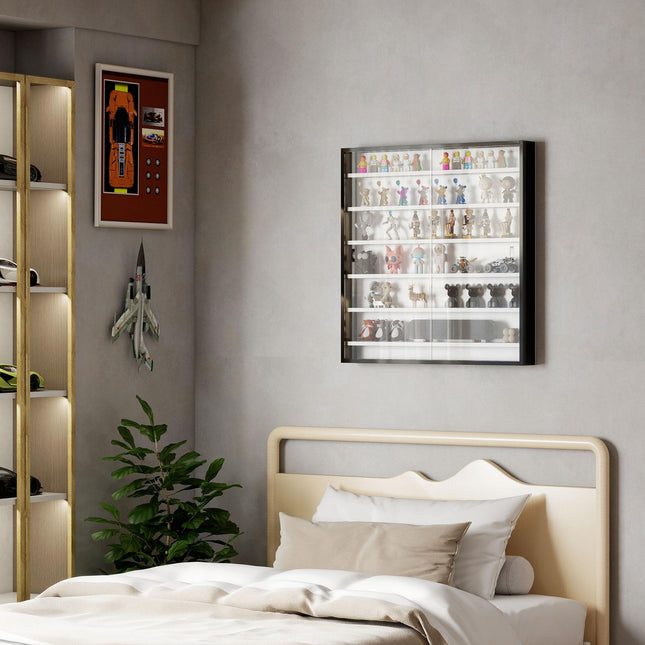 Six Shelf Wall-Mounted Display Cabinet with Glass Doors - Black and White