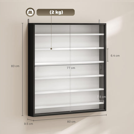 Six Shelf Wall-Mounted Display Cabinet with Glass Doors - Black and White