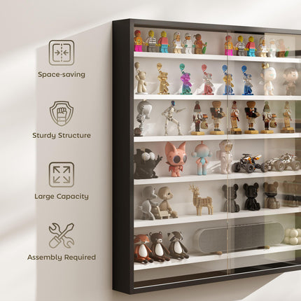 Six Shelf Wall-Mounted Display Cabinet with Glass Doors - Black and White
