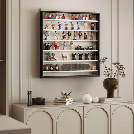 Six Shelf Wall-Mounted Display Cabinet with Glass Doors - Black and White