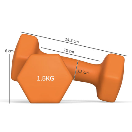 2 x 1.5kg Hexagonal Dumbbell Set with Non-Slip Grip for Home Gym Workout - Orange