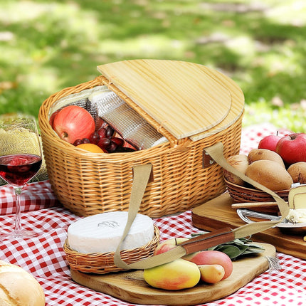 Wicker Picnic Basket Set for 2 with Insulated Cooler Compartment - Light Brown