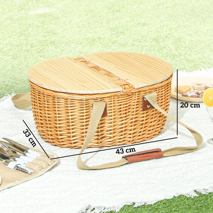 Wicker Picnic Basket Set for 2 with Insulated Cooler Compartment - Light Brown