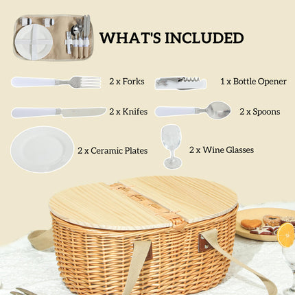 Wicker Picnic Basket Set for 2 with Insulated Cooler Compartment - Light Brown