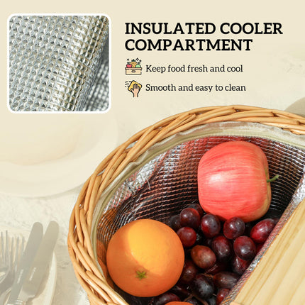 Wicker Picnic Basket Set for 2 with Insulated Cooler Compartment - Light Brown