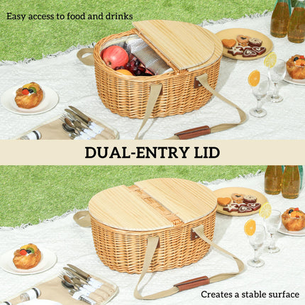 Wicker Picnic Basket Set for 2 with Insulated Cooler Compartment - Light Brown