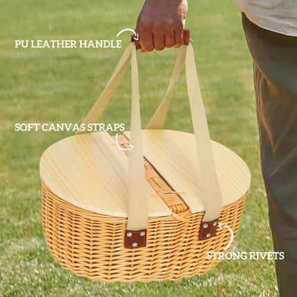 Wicker Picnic Basket Set for 2 with Insulated Cooler Compartment - Light Brown
