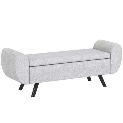 Storage Ottoman with Armrest and Linen Upholstery, Window Seat with Rubberwood Legs - Light Grey