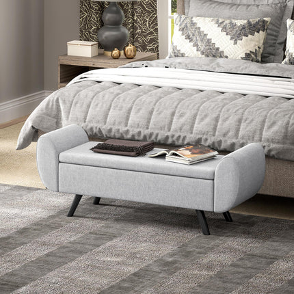 Storage Ottoman with Armrest and Linen Upholstery, Window Seat with Rubberwood Legs - Light Grey